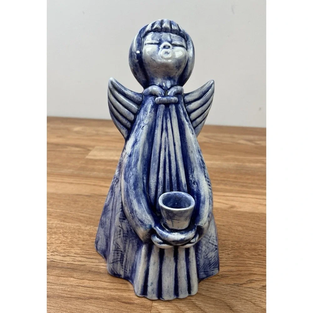 Vintage MCM 1966 Blue and White‎ Glazed Ceramic Angel 9.5